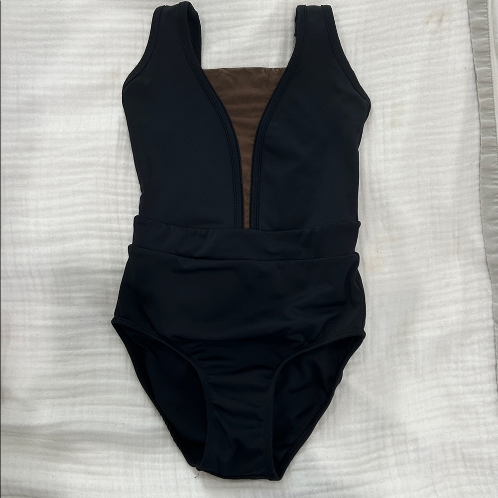 Tiger Friday dance leotard, black with bronze colored mesh detail.